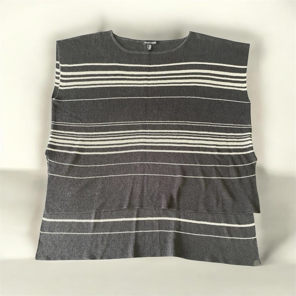 Eileen‎ Fisher Grey Striped Knit Sleeveless Top Italian Yarn Medium High Low